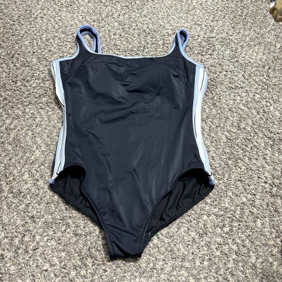 Miraclesuit Black One Piece Swimsuit Size 16W Slimming Blue White Side Stripes - Picture 1 of 6